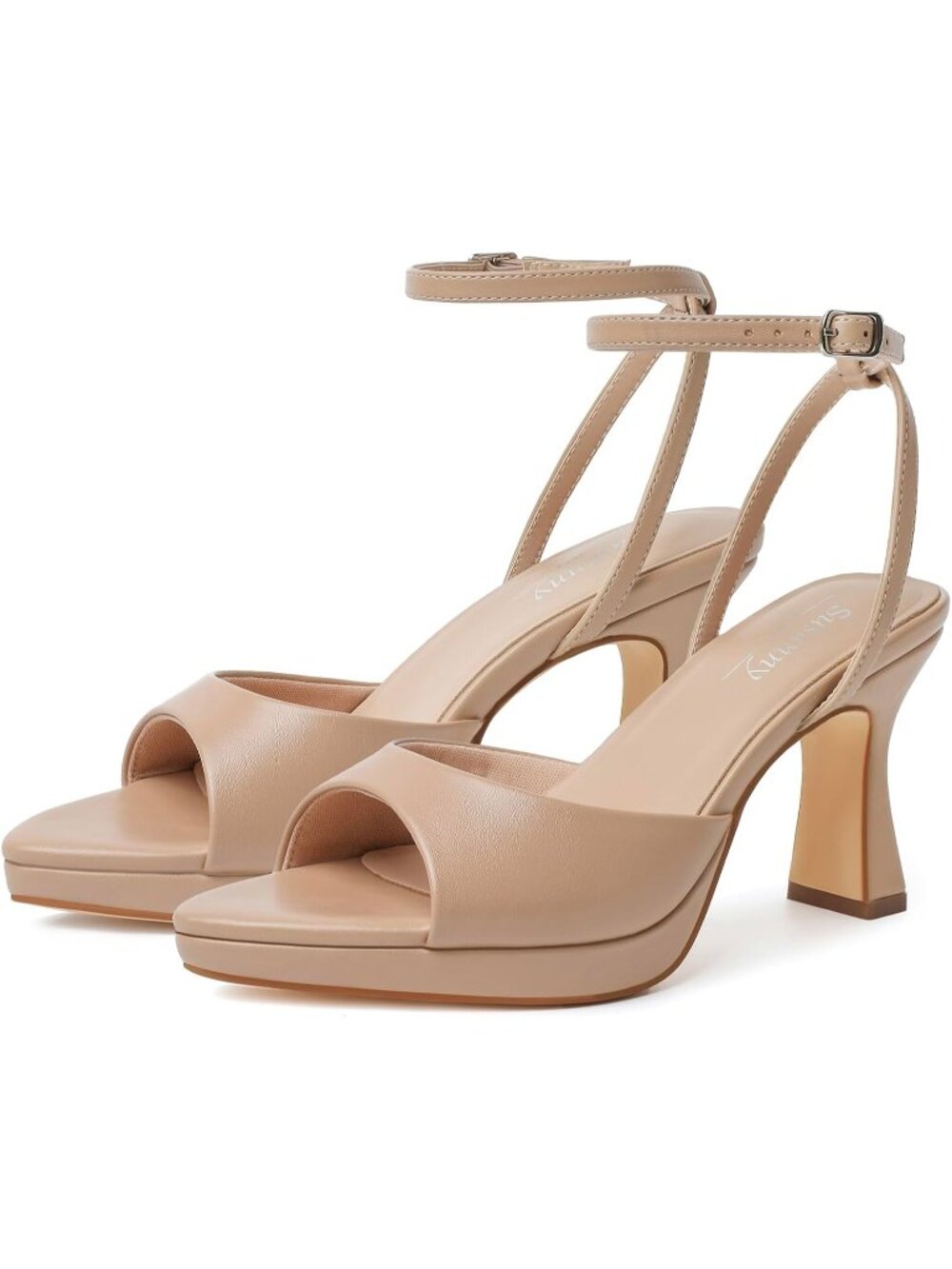 Women's Nude Strappy Chunky Ankle Stiletto Kitten Pointed Heeled Sandals